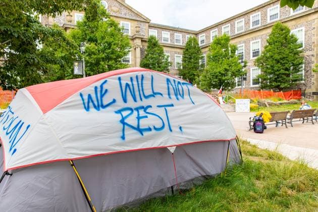 July 29, 2024, Halifax, Ns, Canada: A pro-Palestinian encampment on the steps of the Dalhousie University administration building is shown three days after the school issued a trespass notice ordering protesters leave the site and take their possessions with them, in Halifax on Monday, July 29, 2024. Halifax Canada  - ZUMAc35_ 20240729_zaf_c35_114 Copyright: xKellyxClarkx