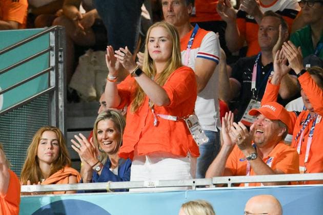 Paris 2024 - Handball - Dutch Royals In The Stands (L to R) Princess Alexia of the Netherlands, Queen Maxima of the Netherlands, Princess Catharina-Amalia of the Netherlands and King Willem-Alexander of the Netherlands at the handball match between Netherlands and Spain on Day 4 of the Paris 2024 Summer Olympic Games at South Paris Arena on July 30, 2024 in Paris, France. Photo by Robin Utrecht ABACAPRESS.COM Paris France  Copyright: xZabulonxLaurent ABACAx