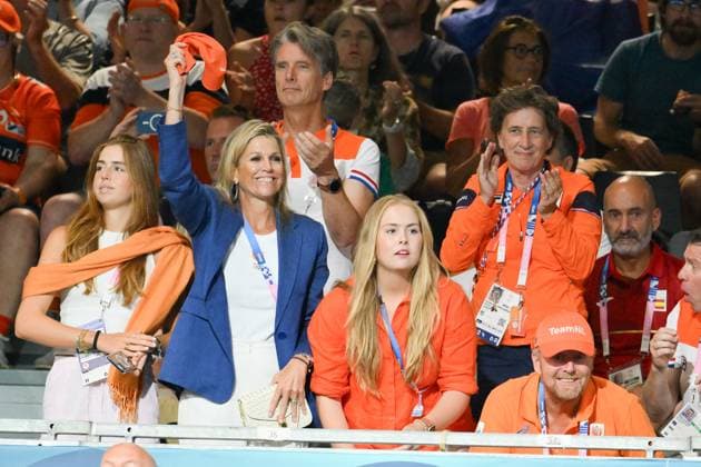 Paris 2024 - Handball - Dutch Royals In The Stands (L to R) Princess Alexia of the Netherlands, Queen Maxima of the Netherlands, Princess Catharina-Amalia of the Netherlands and King Willem-Alexander of the Netherlands at the handball match between Netherlands and Spain on Day 4 of the Paris 2024 Summer Olympic Games at South Paris Arena on July 30, 2024 in Paris, France. Photo by Robin Utrecht ABACAPRESS.COM Paris France  Copyright: xZabulonxLaurent ABACAx