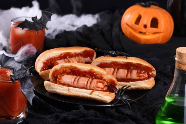 Bloody fingers Halloween hot dog Plate of hot dogs Bloody fingers on a Halloween table Copyright: xZoonar.com VORONOVA_MARYNAx 21666686