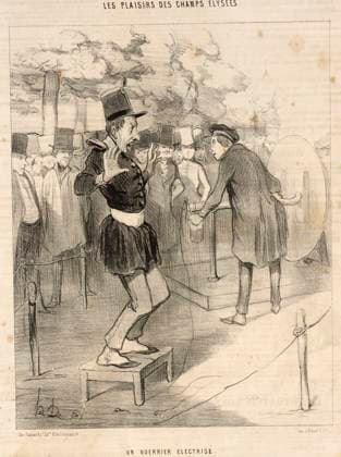 RECORD DATE NOT STATED Un Guerrier ?lectris?, 1844. An Electrified Warrior. Le Physicien: Tel est, messieurs, l ?ffet veritablement extraordinaire de la pile de Volta! . Le Pioupiou: Ah, nom d Abd-el Kader! plus souvent que je m exposerai une autrefois a recevoir une pareille pile! . An enthusiastic physicist gives a public demonstration of Volta s discoveries while a uniformed soldier expresses alarm. The Physicist: This, gentlemen, is the truly extraordinary effect of the Volta battery! . Le Pioupiou: Ah, by Abd-el Kader! do I have to expose myself again to such a battery! . From Les Plaisirs des Champs-Elys?es. Copyright:xHeritagexArt HeritagexImagesxHonorexDaumierx IMAGO, ! ACHTUNG: AUFNAHMEDATUM GESCHÄTZT!  Copyright:HeritagexArt HeritagexImagesxHonorexDaumierx IMAGO