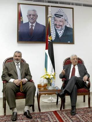 Hamas Chief Ismail Haniyeh Killed In Iran File photo - Palestinian Authority President Mahmoud Abbas attends a meeting with Palestinian Prime Minister Ismail Haniyeh, Foreign Minister Mahmud Al-Zahar and Interior Minister Saed Syam in Gaza City May 6, 2006. Hamas leader Ismail Haniyeh was killed in Iran s Tehran, the Palestinian militant group Hamas said in a statement on Wednesday. In a statement, the Islamist faction mourned the death of Haniyeh, who it said was killed in a treacherous Zionist raid on his residence in Tehran . Photo by Mohamed Atta ABACAPRESS.COM Gaza City Gaza Strip Israel  Copyright: xAttaxMohamed ABACAx