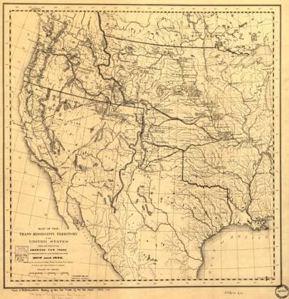 RECORD DATE NOT STATED Map of the Trans-Mississippi of the United States during the period of the American fur trade as conducted from St. Louis between the years 1807 and 1843, 1902. This map, published in 1902 in H.M. Chittenden s History of the Fur Trade of the Far West, shows major cartographic features of the American West in the early 19th century, including the location of key Native American populations, forts, trading posts, and physical features, such as mountains and rivers. French voyageurs pioneered fur trading and trapping in Canada and the American West before the Louisiana Purchase of 1803, but the basic geography of this vast region was poorly understood before the Lewis and Clark expedition of 1804-6. Following the expedition, the fur trade rapi  Copyright:HeritagexArt HeritagexImagesxHiramxMartinxChittendenx IMAGO