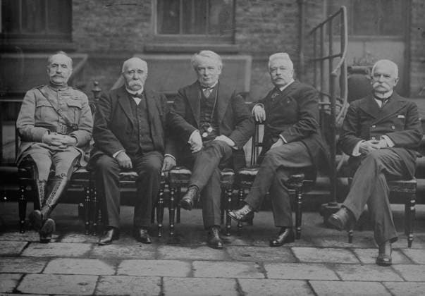 RECORD DATE NOT STATED Foch, Clemenceau, Lloyd George, Orlando, Sonnino, between c1915 and c1920. Shows French General Ferdinand Foch (1851-1929), French Prime Minister Georges Benjamin Clemenceau (1841-1929), British Prime Minister David Lloyd George (1863-1945), Italian Prime Minister Vittorio Emanuele Orlando (1860-1952) and Italian Minister of Foreign Affairs Baron Sidney Costantino Sonnino (1847-1922). Copyright:xHeritagexArt HeritagexImagesxBainxNewsxServicex IMAGO, ! ACHTUNG: AUFNAHMEDATUM GESCHÄTZT!  Copyright:HeritagexArt HeritagexImagesxBainxNewsxServicex IMAGO