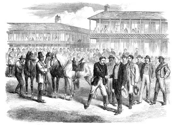 RECORD DATE NOT STATED The Last Days of the Confederate Government - Mr. Jefferson Davis bidding farewell to his escort two days before his capture, 1865. ...from a sketch by our special artist... showing the farewell of Mr. Davis to his escort and staff in the square of Washington, Georgia. It was here that he determined to continue his flight almost alone; and, assembling those round him who had sacrificed everything to the defeated cause, he, with tears in his eyes, begged them to seek them own safety and leave him to meet his fate. Undoubtedly, it was an ill-advised arrangement which brought an escort of 1500 men in the train of a man fleeing for his life; and, when too late, Mr. Davis saw the error of thus attracting the attention of the entire country thr  Copyright:ThexPrintxCollector HeritagexImagesxUnknownx IMAGO