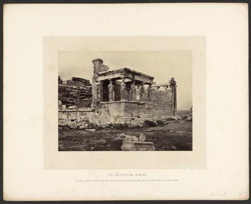 RECORD DATE NOT STATED The Erechtheum. Frank Mason Good, photographer (English, 1839 - 1928) Possibly Francis Frith, photographer (English, 1822 - 1898) 1860s A view of the Porch of the Maidens Porch of the Caryatids at the temple of Erechtheum in Athens. The porch features six draped female figures (Caryatids) as supporting columns. (Recto, mount) lower center, imprinted text: THE ERECHTHEUM, ATHENS. THIS TEMPLE, DEDICATED TO MINERVIA POLIAS, WAS BUILT ON THE SPOT WHERE NEPTUNE AND MINERVIA ARE SAID TO HAVE CONTENDED FOR THE SOIL OF ATTICA ; Lower right, imprinted text: 628 ; in pencil: F.M. Good ; 27 ; (Verso, print) upper left, in pencil: F.M. Good 140- ; Copyright: xpiemagsx piemagsrmnb13020224-72495 !ACHTUNG AUFNAHMEDATUM GESCHÄTZT!