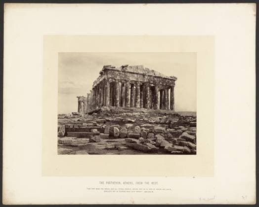RECORD DATE NOT STATED The Parthenon, Athens, From the West. Frank Mason Good, photographer (English, 1839 - 1928) Possibly Francis Frith, photographer (English, 1822 - 1898) 1860s Looking up a small rise towards the ruins of the Parthenon. In the foreground are the remains of statues and sculptural pieces. (Recto, mount) lower center, imprinted text: THE PARTHENON, ATHENS, FROM THE WEST. GOD THAT MADE THE WORLD, AND ALL THINGS THEREIN, SEEING THAT HE IS LORD OF HEAVEN AND EARTH, DWELLETH NOT IN TEMPLES MADE WITH HANDS. Acts xvii. 24. ; Lower right, imprinted text: 625 ; in pencil: F.M. Good ; 27 ; (Verso, mount) upper left, in pencil: F.M. Good 100- ; Copyright: xpiemagsx piemagsrmnb13020224-72569 !ACHTUNG AUFNAHMEDATUM GESCHÄTZT!