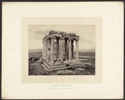 RECORD DATE NOT STATED The Temple of Victory, Athens. Frank Mason Good, photographer (English, 1839 - 1928) Possibly Francis Frith, photographer (English, 1822 - 1898) 1860 1869 The ruins of the Temple of Athena Nike at the Acropolis of Athens. It is missing the pediment and parts of the frieze are crumbling. (Recto, mount) lower center, imprinted text: THE TEMPLE OF VICTORY, ATHENS A SMALL TEMPLE, ONLY ABOUT TWENTY FEET LONG, BUT OF GREAT ANTIQUITY ; Lower right, imprinted text: 629 ; in pencil: F. M. Good ; 12 ; (Verso, mount) upper left, in pencil: F.M. Good 125- ; Copyright: xpiemagsx piemagsrmnb13020224-72615 !ACHTUNG AUFNAHMEDATUM GESCHÄTZT!