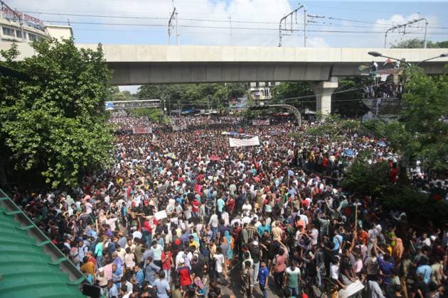 August 5, 2024, Dhaka, Wari, Bangladesh: Anti-government protestors celebrate in Shahbag near Dhaka university area in Dhaka on August 5, 2024. Protests in Bangladesh that began as student-led demonstrations against government hiring rules in July culminated on August 5, in the prime minister fleeing and the military announcing it would form an interim government.People gather to celebrate the fall of Bangladesh Prime Minister Sheikh Hasina after an intense clash between police, pro-government forces, and anti-Quota protesters in Dhaka, Bangladesh. Dhaka Bangladesh - ZUMAr336 20240805_zip_r336_062 Copyright: xHabiburxRahmanx