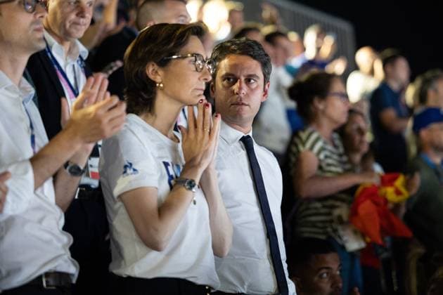 Paris 2024 - PM Attal At Men’s Basketball 3x3 Gold Medal Game French Prime Minister Gabriel Attal and French Minister of Sport and the Olympic and Paralympic Games Amelie Oudea Castera attends the men 3x3 basketball gold medal game between France and the Netherlands during the Paris 2024 Olympic Games at La Concorde in Paris on August 5, 2024. Photo by Raphael Lafargue ABACAPRESS.COM Paris France  Copyright: xLafarguexRaphael ABACAx