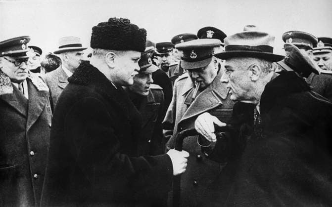 Yalta Conference 3090810 04.02.1945 The Yalta (Crimea) conference of the allied states on February 4-11, 1945. Meeting Great Britain s Prime-Minister Winston Churchil, right, at Yalta airport. Left, Soviet People s Commissioner of Foreign Affairs Vyacheslav Molotov, center,Winston Churchil. Left, US President Franklin Delano Roosevelt. RIA Novosti Sputnik Yalta Russia  Copyright: xRIAxNovostix