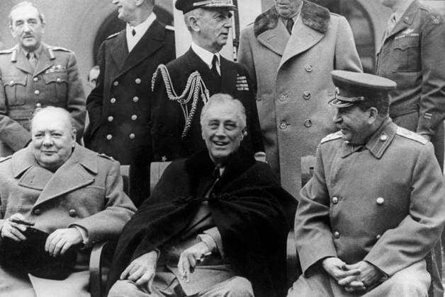 Yalta Conference 3090811 04.02.1945 The Yalta Conference (the Crimea Conference) of the Allies on February 4-11, 1945. First row, from left, sitting: British PM Winston Churchill, US President Franklin D. Roosevelt and Marshal of the USSR Joseph Stalin before a session. RIA Novosti Sputnik Yalta Republic of Crimea Russia  Copyright: xRIAxNovostix