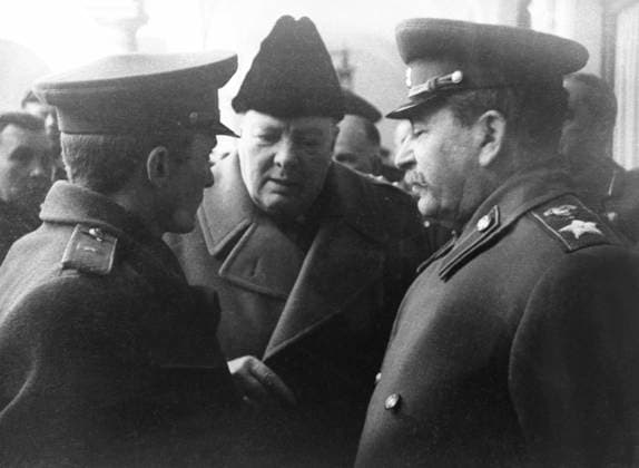 Yalta Conference 3090813 04.02.1945 The Yalta (Crimea) conference of the allied states on February 4-11, 1945. A conversation of Marshal of the USSR Joseph Vissarionovich Stalin, right, and Great Britain s Prime-Minister Winston Churchil, center. RIA Novosti Sputnik Yalta Republic of Crimea Russia  Copyright: xRIAxNovostix