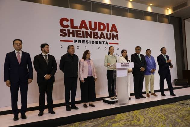 Claudia Sheinbaum Pardo, elected candidate of Mexico, accompanied by governors Esteban Villegas, Governor of Durango; Samuel GarcoÂa, Governor of Nuevo Leo³n; David Monreal, Governor of Zacatecas; RocoÂo Nahle, Governor-elect of Veracruz; Tere Jimenez, Governor of Aguas Calientes; Amo rico Villarreal, Governor of Tamaulipas; Ricardo Gallardo, Governor of San Luis PotosoÂ; Manolo Jimenez, Governor of Coahuila during a press conference to announce that a public work project will be carried out per state. on August 6, 2024 in Mexico City, Mexico. Mexico City Mexico - ZUMAe321 20240806_zia_e321_001 Copyright: xIanxRoblesx