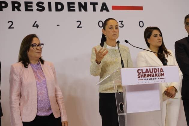 Claudia Sheinbaum Pardo, elected candidate of Mexico, accompanied by governors RocoÂ­o Nahle, Governor-elect of Veracruz and Tere Jimenez, Governor of Aguas Calientes during a press conference to announce that a public work project will be carried out per state. on August 6, 2024 in Mexico City, Mexico. Mexico City Mexico - ZUMAe321 20240806_zia_e321_006 Copyright: xIanxRoblesx