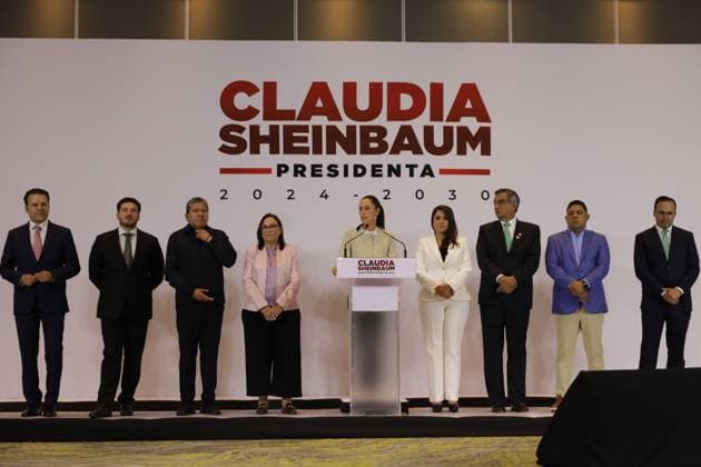 Claudia Sheinbaum Pardo, elected candidate of Mexico, accompanied by governors Esteban Villegas, Governor of Durango; Samuel GarcoÂa, Governor of Nuevo Leo³n; David Monreal, Governor of Zacatecas; RocoÂo Nahle, Governor-elect of Veracruz; Tere Jimenez, Governor of Aguas Calientes; Amo rico Villarreal, Governor of Tamaulipas; Ricardo Gallardo, Governor of San Luis PotosoÂ; Manolo Jimenez, Governor of Coahuila during a press conference to announce that a public work project will be carried out per state. on August 6, 2024 in Mexico City, Mexico. Mexico City Mexico - ZUMAe321 20240806_zia_e321_011 Copyright: xIanxRoblesx