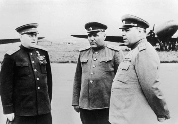 MERETSKOV MALINOVSKY VASILEVSKY 62189 17.08.1945 Soviet Union Marshals Kirill Meretskov, Rodion Malinovsky and Alexander Vasilevsky (left to right) in the Dairen airfield. RIA Novosti Sputnik Dalian China  Copyright: xRIAxNovostix