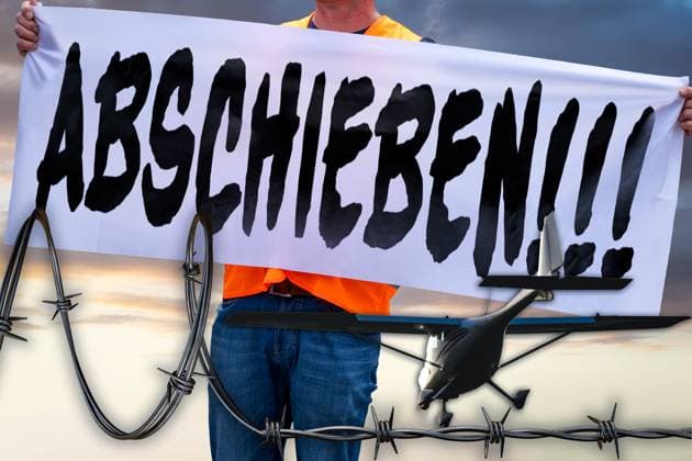 8 August 2024: A man holds a banner with the inscription: Deport! next to a small airplane. Symbolic image Deportation of illegal asylum seekers in Germany. PHOTOMONTAGE *** Ein Mann hält ein Banner mit Aufschrift: Abschieben! neben einem kleinen Flugzeug. Symbolbild Abschiebung von illegalen Asylbewerbern in Deutschland. FOTOMONTAGE