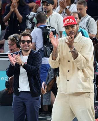 Celebrities in the stands during the Final mens basketball match between US and France during the Paris 2024 Olympic Games Olympics 98 87 Jimmy Fallon, Carmelo Anthony Celebrities in the stands during the Final basketball match between US and France during the Paris 2024 Olympic Games Olympics at the Arena Bercy, Ã Paris, France, le 10 aoÃ t 2024 Jacovides Perusseau Bestimage Celebrities in the stands during the Final basketball match between US and France during the Paris 2024 Olympic Games Olympics at the Arena Bercy in Paris, France, August 10, 2024 Paris France  Copyright: xJacovides-Perusseaux xBestimagexJacovides-Perusseaux xBestimagex