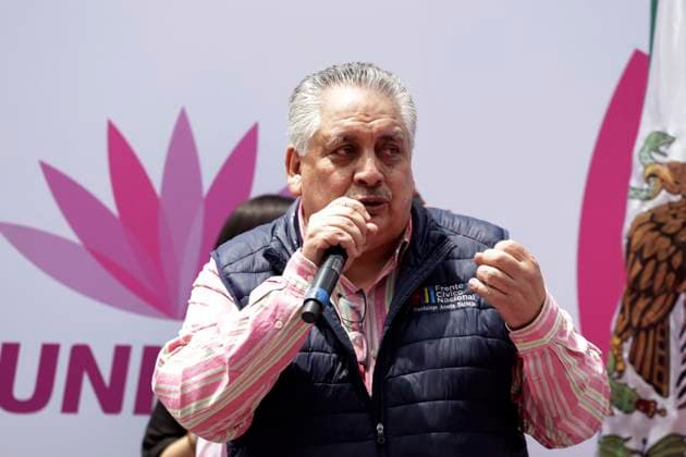 Guadalupe Acosta Naranjo speaking during a rally outside the National Electoral Institute (INE) to protest against the legislative overrepresentation that the National Regeneration Movement (MORENA) party could have. Mexico City Mexico - ZUMAe321 20240811_zia_e321_030 Copyright: xLuisxBarronx