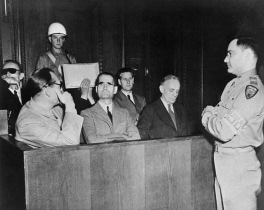 Nuremberg trials 8740352 29.11.1945 The Nuremberg Trials were international trials of former leaders of Nazi Germany. They took place from November 20, 1945 to October 1, 1946 at the International Military Tribunal in the Palace of Justice in Nuremberg after the end of World War II. In the dock are war criminals brought to trial by the International Military Tribunal in Nuremberg. In the front row, from left: Hermann Goering, Rudolf Hess, Joachim von Ribbentrop. Center: Rudolf Hess was indifferent to the trial, pretending not to listen to the translation of the proceedings. Nurnberg Germany  Copyright: xx