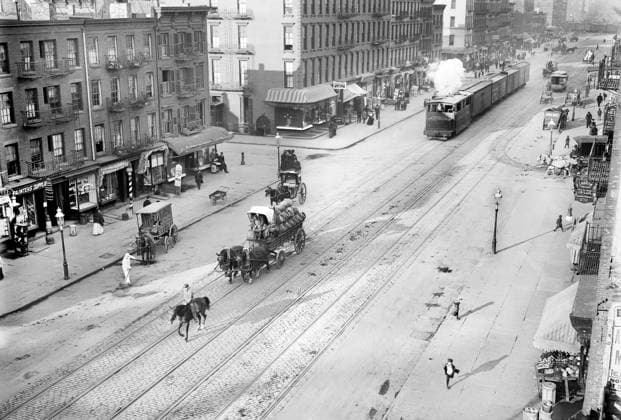 Mounted escort leading freight train, Eleventh Ave at 28th Street, New York City, New York, USA, Bain News Service, circa 1900  Copyright: xCircaxImagesx ghi-circa02922