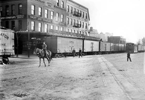 Freight train and street scene, Eleventh Ave at 28th Street, New York City, New York, USA, Bain News Service, circa 1900  Copyright: xCircaxImagesx ghi-circa02924