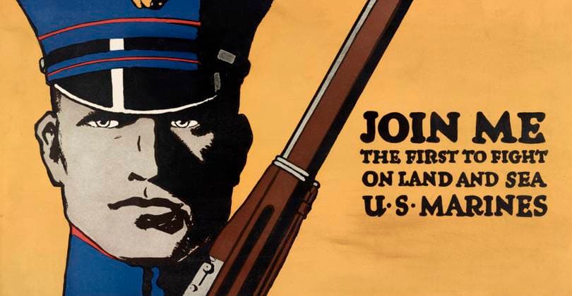 Close-up portrait of U.S. marine with rifle, Join Me, the First to Fight on Land and Sea, U.S. Marines , World War I Recruitment Poster, John A. Coughlin, 1917  Copyright: xCircaxImagesx ghi-circa03094