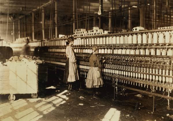 Two young spinners, full-length portrait in cotton mill spinning room, Newberry, South Carolina, USA, Lewis Hine for National Child Labor Committee, December 1908  Copyright: xCircaxImagesx ghi-circa04184