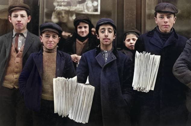 Group of newsies, half-length portrait, Hartford, Connecticut, USA, Lewis Hine for National Child Labor Committee, March 1909  Copyright: xCircaxImagesx ghi-circa04330