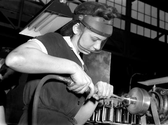 Female worker operating compressed air machine at Midwest Aircraft Motor Plant, Ann Rosener, U.S. Office of War Information, August 1942  Copyright: xCircaxImagesx ghi-circa04497