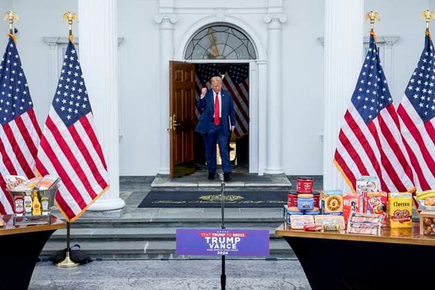 Former US President Donald Trump arrives for a news conference at Trump National Golf Club in Bedminster, New Jersey on Thursday, August 15, 2024. The former president s family business is seeking to build residences and retail inside the Trump National Doral Miami resort, according to documents posted on a City of Doral website.  WAX20240815250 BingxGuan