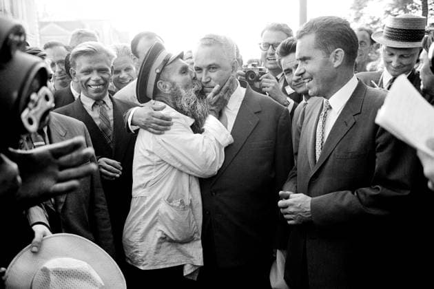 U.S. Vice President Richard Nixon watching as man kisses Soviet politician Frol Kozlov during Nixon s visit to the Soviet Union, Thomas J. O Halloran, U.S. News & World Report Magazine Photograph Collection, July 1959  Copyright: xCircaxImagesx ghi-circa12749