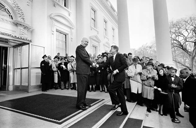U.S. President Dwight Eisenhower, shaking hands with U.S. President-Elect John Kennedy on the steps of the White House, Washington, D.C., USA, Warren K. Leffler, U.S. News & World Report Magazine Photograph Collection, December 6, 1960  Copyright: xCircaxImagesx ghi-circa12880
