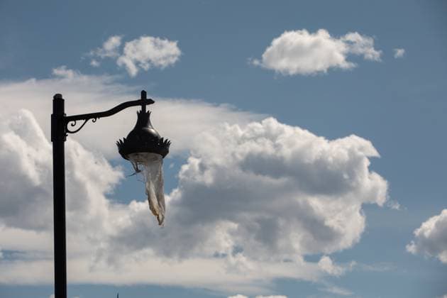 August 19, 2024, Jasper, Ab, CANADA: A melted street lamp still stands as some residents return to Jasper, Alberta on Monday August 19, 2024. Wildfire caused evacuations and widespread damage in the National Park and Jasper townsite. Jasper CANADA  - ZUMAc35_ 20240819_zaf_c35_073 Copyright: xAmberxBrackenx