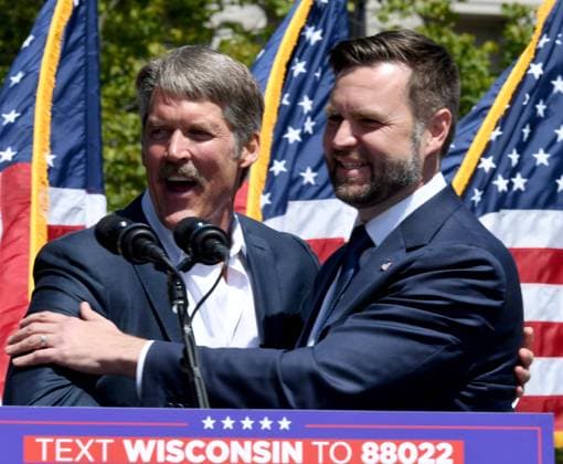 August 20, 2024, Kenosha, Wisconsin, USA: Republican nominee for the U.S. Senate ERIC HOVDE, left, andRepublican Vice Presidential nominee Senator JD VANCE (R-Ohio), right, at an event about crime and public safety in Civic Center Park across from the Kenosha County Courthouse in Kenosha, Wisconsin Tuesday August 20, 2024. Kenosha USA - ZUMAh154 20240820_znp_h154_013 Copyright: xMarkxHertzbergx