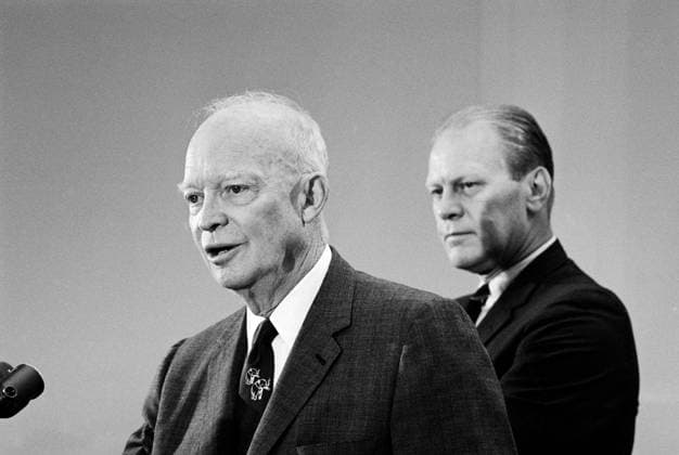 August 17, 1965, Washington, District Of Columbia, USA: Former U.S. President Dwight D. Eisenhower and U.S. Congressman Gerald Ford hold news conference, Washington, D.C., USA, Marion K. Trikosko, U.S. News & World Report Magazine Photograph Collection, August 17, 1965 Washington USA  - ZUMAg145 19650817_aza_g145_001 Copyright: xJTxVintagex