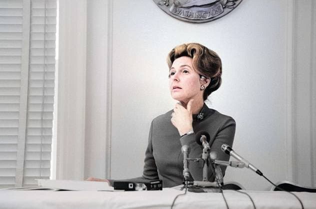 February 13, 1976, Washington, District Of Columbia, USA: Phyllis Schlafly, chairwoman of the Stop ERA organization, seated at table, behind microphones, Marion S. Trikosko, U.S. News & World Report Magazine Photograph Collection, February 1976 Washington USA  - ZUMAg145 19760213_aza_g145_001 Copyright: xJTxVintagex