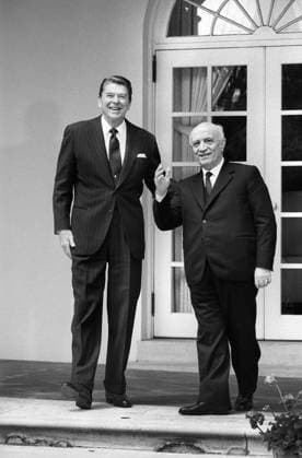 May 26, 1983, Washington, District Of Columbia, USA: U.S. President Ronald Reagan standing with Italian Prime Minister Amintore Fanfani outside White House, Washington, D.C., USA, Chick Harrity, U.S. News & World Report Magazine Photograph Collection, May 26, 1983 Washington USA  - ZUMAg145 19830526_aza_g145_001 Copyright: xJTxVintagex