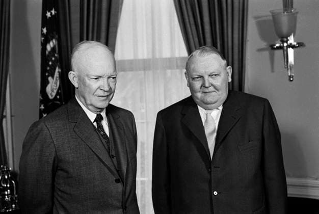 March 24, 1958, Washington, District Of Columbia, USA: Dr. Ludwig Erhard, Vice Chancellor and Minister of Economics of West Germany, with U.S. President Dwight Eisenhower, White House, Washington, D.C., USA, Warren K. Leffler, U.S. News & World Report Magazine Photograph Collection, March 24, 1958 Washington USA  - ZUMAg145 19580324_aza_g145_001 Copyright: xJTxVintagex