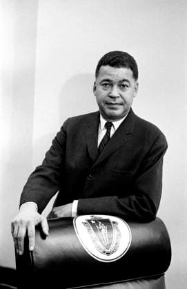 January 6, 1967, Washington, District Of Columbia, USA: Senator Edward Brooke standing behind chair decorated with Great Seal of the Commonwealth of Massachusetts, Washington, D.C., USA, Warren K. Leffler, U.S. News & World Report Magazine Photograph Collection, January 1967 Washington USA  - ZUMAg145 19670106_aza_g145_001 Copyright: xJTxVintagex