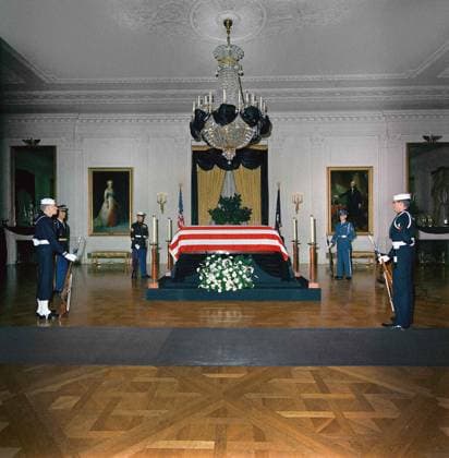 November 23, 1963, Washington, District Of Columbia, USA: Late U.S. President John KennedyÃ¢â‚¬â ¢s flag-draped casket, members of honor guard standing watch, East Room, White House, Washington, D.C., USA, Robert Knudsen, White House Photographs, November 23, 1963 Washington USA  - ZUMAg145 19631123_aza_g145_003 Copyright: xJTxVintagex
