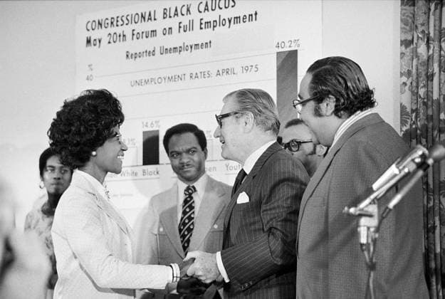 May 20, 1975, Washington, District Of Columbia, USA: U.S. Vice President Nelson Rockefeller shaking hands with Shirley Chisholm, member of Congressional Black Caucus, as other members Charles Rangel and Walter Fauntroy look on during full employment forum, Washington, D.C., USA, Thomas J. O Halloran, U.S. News & World Report Magazine Photograph Collection, May 20, 1975 Washington USA - ZUMAg145 19750520_aza_g145_001 Copyright: xJTxVintagex