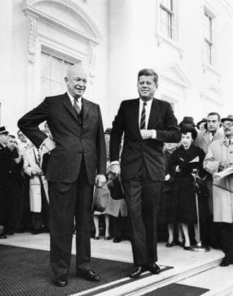 December 6, 1960, Washington, District Of Columbia, USA: U.S. President Dwight Eisenhower and U.S. President-elect John Kennedy stand before reporters before meeting in Oval Office, North Portico, White House, Washington, D.C., USA, Abbie Rowe, White House Photographs, December 6, 1960 Washington USA  - ZUMAg145 19601206_aza_g145_003 Copyright: xJTxVintagex