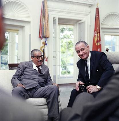June 13, 1967, Washington, District Of Columbia, USA: Thurgood Marshall with U.S. President Lyndon Johnson regarding announcement of Marshall s nomination as an Associate Justice of the Supreme Court of the United States, Oval Office, White House, Washington, D.C., USA, Frank Wolfe, June 13, 1967 Washington USA - ZUMAg145 19670613_aza_g145_001 Copyright: xJTxVintagex