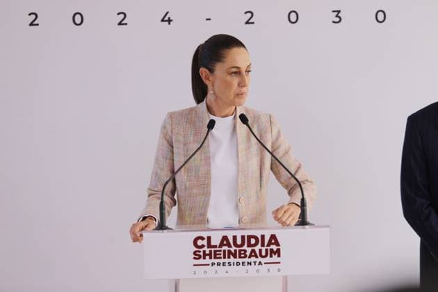Incoming President of Mexico, Claudia Sheinbaum Pardo speaking during a briefing conference to announce that Tatiana Clouthier is going to the Institute of Mexicans Abroad and Mario Delgado for the election process of the new president of Morena, prior to the change of sexennium. Mexico City Mexico - ZUMAe321 20240820_zia_e321_003 Copyright: xIanxRoblesx