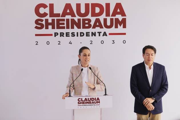 Incoming President of Mexico, Claudia Sheinbaum Pardo accompanied by Mario Delgado (R) speaking during a briefing conference to announce that Tatiana Clouthier is going to the Institute of Mexicans Abroad and Mario Delgado for the election process of the new president of Morena, prior to the change of sexennium. Mexico City Mexico - ZUMAe321 20240820_zia_e321_004 Copyright: xIanxRoblesx