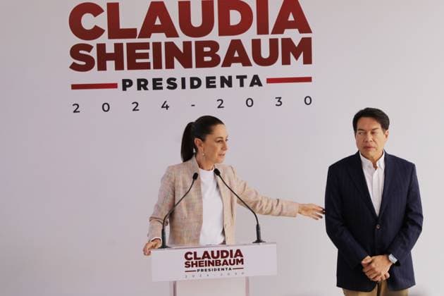 Incoming President of Mexico, Claudia Sheinbaum Pardo accompanied by Mario Delgado (R) speaking during a briefing conference to announce that Tatiana Clouthier is going to the Institute of Mexicans Abroad and Mario Delgado for the election process of the new president of Morena, prior to the change of sexennium. Mexico City Mexico - ZUMAe321 20240820_zia_e321_008 Copyright: xIanxRoblesx