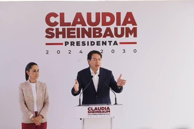 Mario Delgado speaking during a briefing conference accompanied by Incoming President of Mexico, Claudia Sheinbaum Pardo after he announced as the election process of the new president of Morena, prior to the change of sexennium. Mexico City Mexico - ZUMAe321 20240820_zia_e321_010 Copyright: xIanxRoblesx