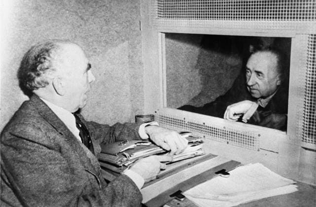 Nuremberg Trials 8742560 25.09.1946 The Nuremberg Trials were international trials of former leaders of Nazi Germany, which took place from November 20, 1945 to October 1, 1946 at the International Military Tribunal in the Palace of Justice in Nuremberg after the end of World War II. Left: lawyer Fritz Sauter talks to a defendant, former Nazi Economics Minister Walther Funk. Nurnberg Germany  Copyright: xx